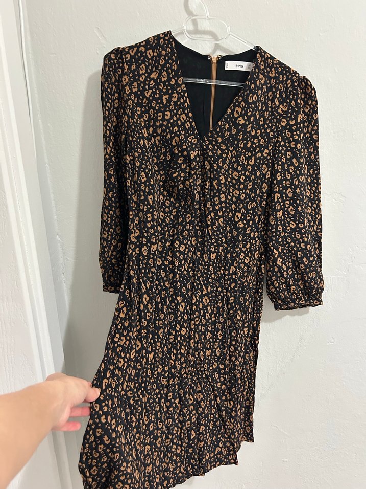 Düğmeli V Yaka Yılan Desenli Mini Elbise - Görsel 2