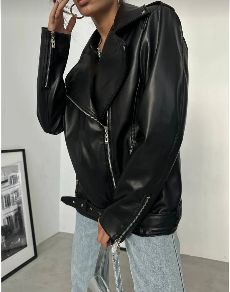Siyah Kemer Detaylı Biker Deri Ceket - Görsel 2