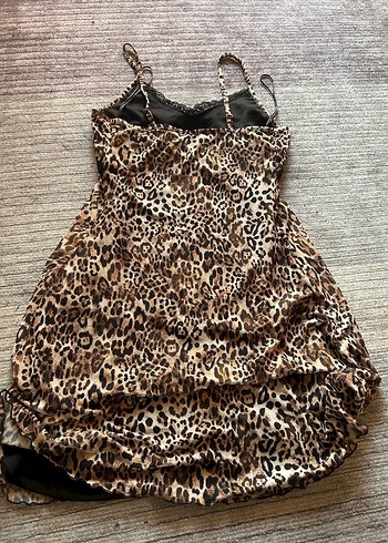 Kahverengi Leopar Desenli Dantel Mini Elbise - Görsel 3