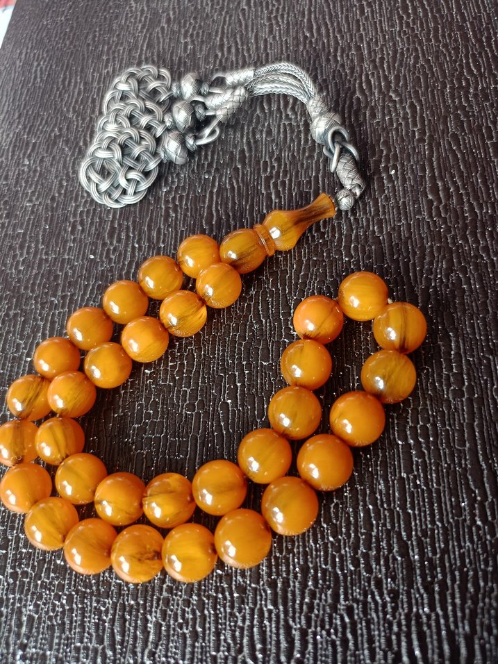 Parlak Turuncu Erkek Tesbih eski Osmanlı sıkma kehribar - Görsel 2