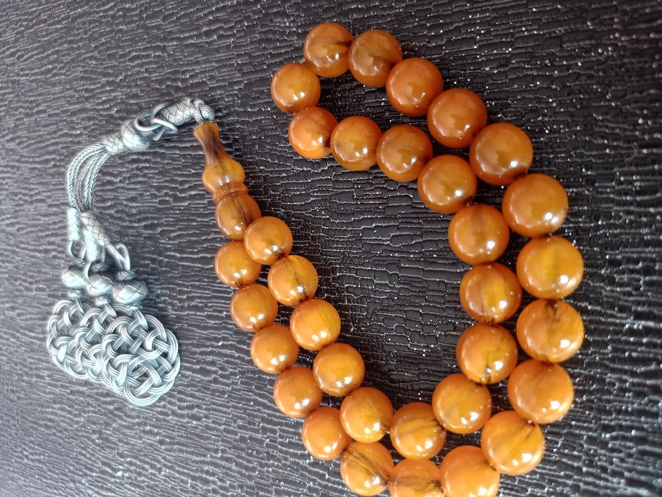 Parlak Turuncu Erkek Tesbih eski Osmanlı sıkma kehribar - Görsel 5