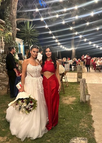 Straplez Kırmızı Bohem Uzun Abiye