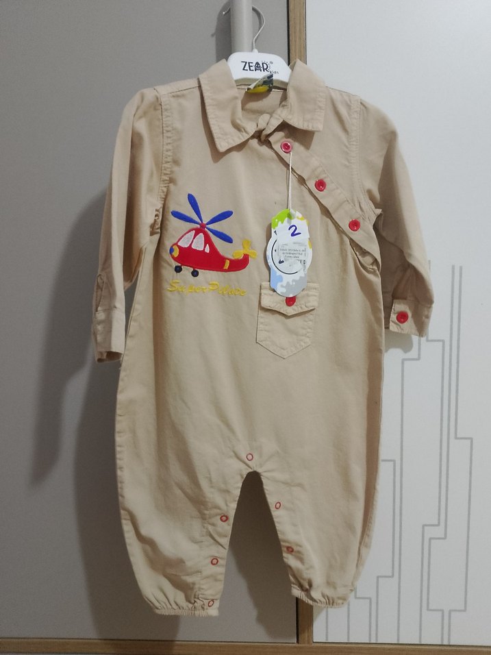 Uzun Kollu, Nakışlı Bej Bebek Tulum - Görsel 3