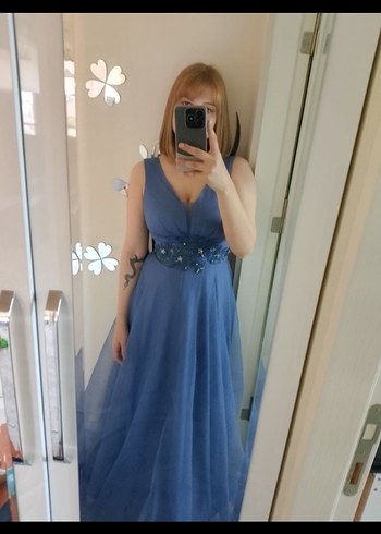 Mavi V Yakalı Midi Abiye Elbise - Görsel 2