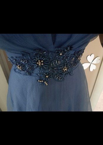 Mavi V Yakalı Midi Abiye Elbise - Görsel 3