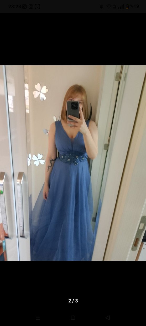 Mavi V Yakalı Midi Abiye Elbise - Görsel 2