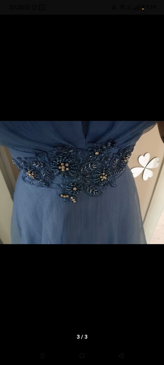 Mavi V Yakalı Midi Abiye Elbise - Görsel 3