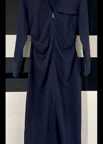 Lacivert Uzun Kollu Fermuarlı Ofis Elbisesi - Görsel 3