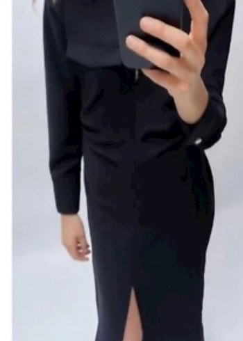 Lacivert Uzun Kollu Fermuarlı Ofis Elbisesi - Görsel 2