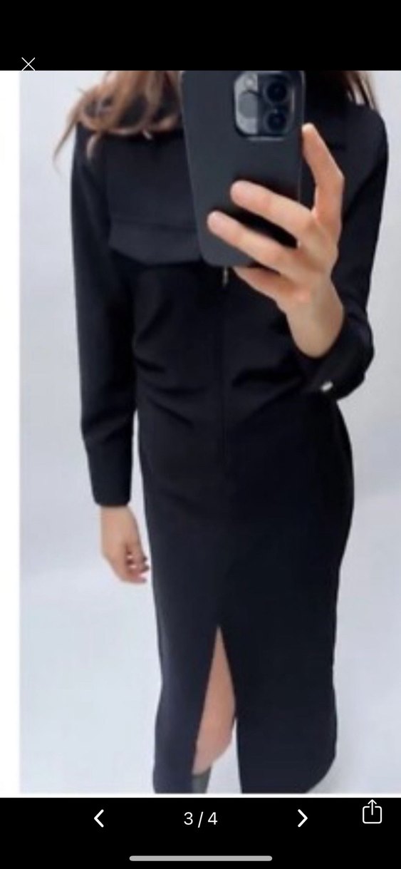 Lacivert Uzun Kollu Fermuarlı Ofis Elbisesi - Görsel 2