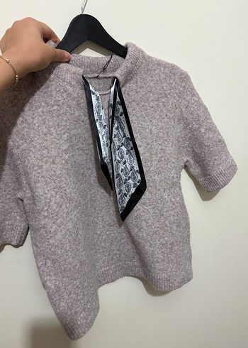 Yarım Kollu Bej Triko Halter Yaka Kazak - Görsel 2