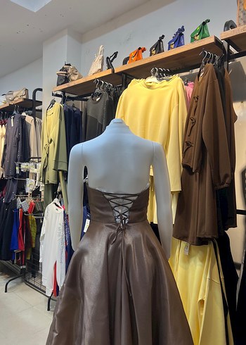 Bej Drapeli Uzun Straplez Kadın Elbise - Görsel 3