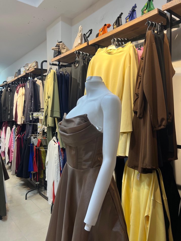 Bej Drapeli Uzun Straplez Kadın Elbise - Görsel 2