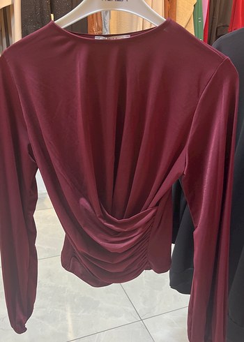 Zara Bordo Drapeli Uzun Kollu Bluz