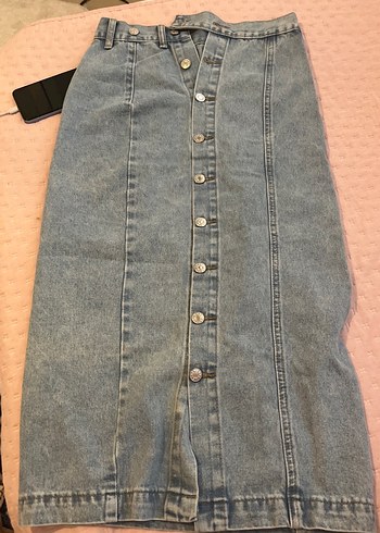 xs Beden Gri Düğmeli Midi Denim Etek