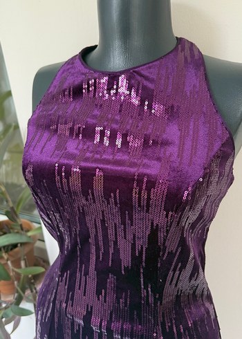 Parlak Mor Yılan Desenli Midi Abiye Elbise - Görsel 5