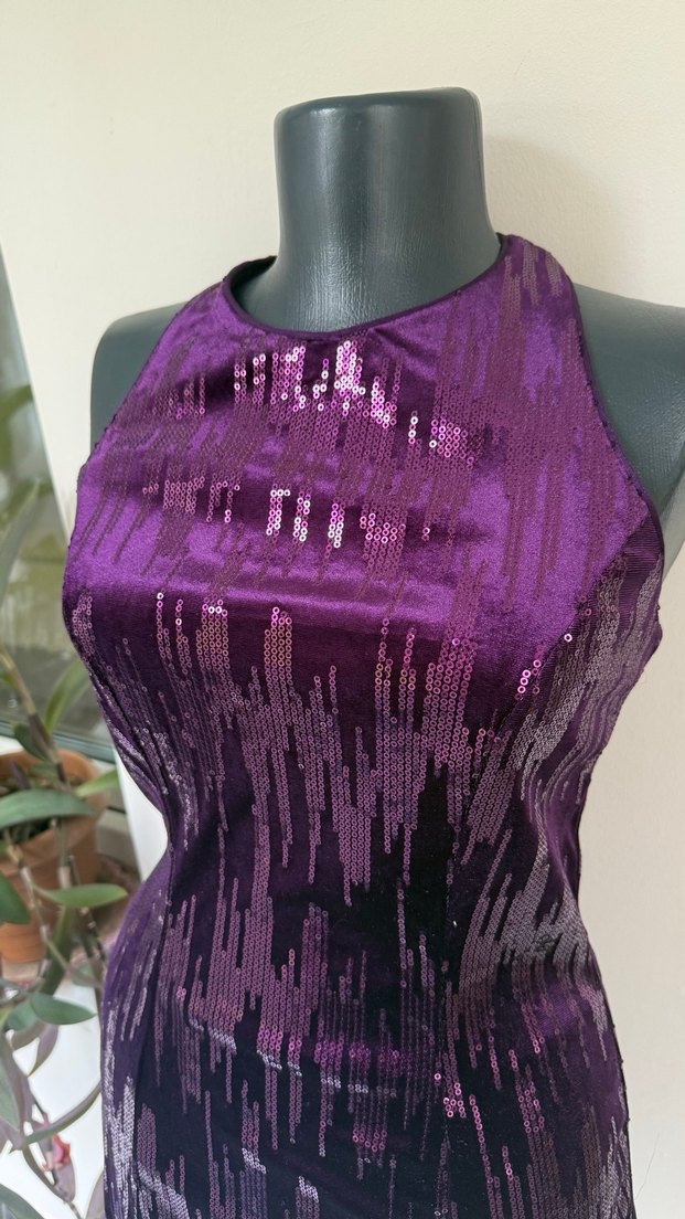 Parlak Mor Yılan Desenli Midi Abiye Elbise - Görsel 5