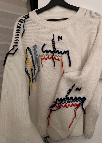 Nakışlı Örgü Kadın Beyaz Kazak - Görsel 2