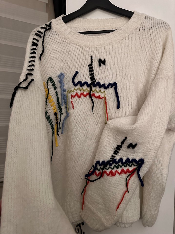 Nakışlı Örgü Kadın Beyaz Kazak - Görsel 2