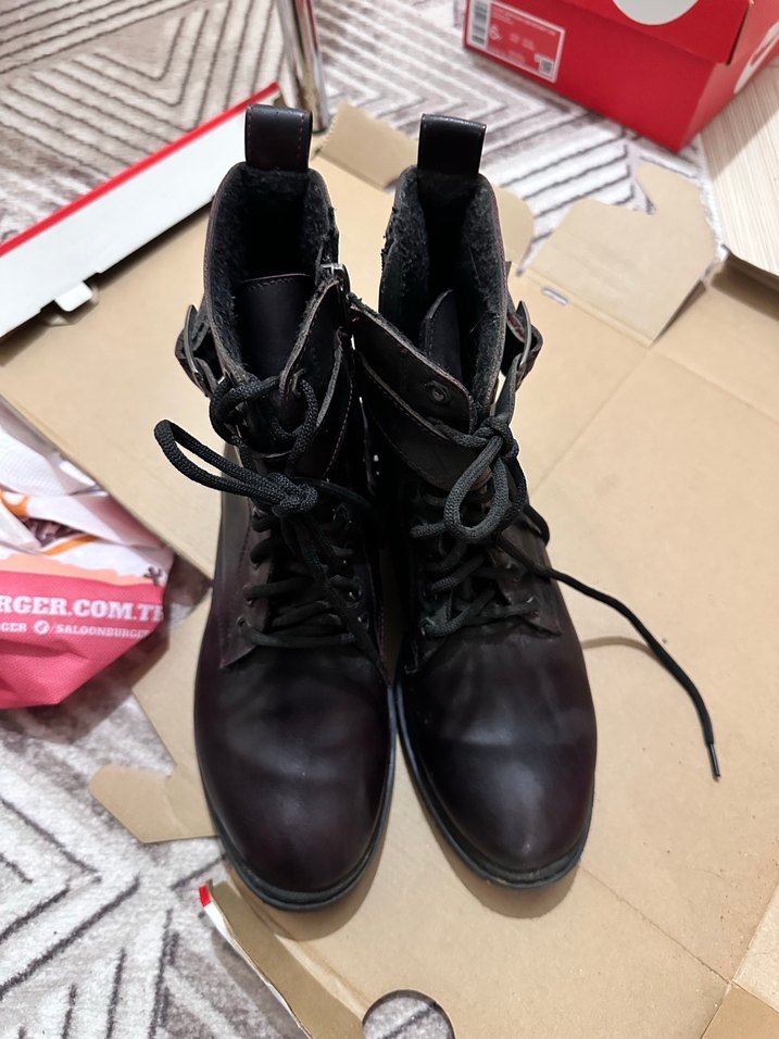 Kahverengi Deri Tokalı Biker Kadın Botları - Görsel 2