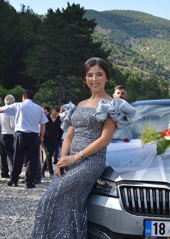 Gri Drapeli Straplez Uzun Abiye Elbise