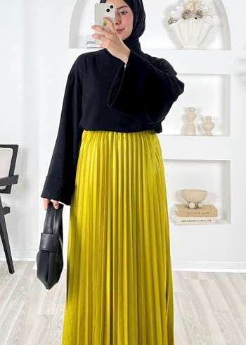 Yağ yeşili Pilili Uzun Kadın Etek - Görsel 2