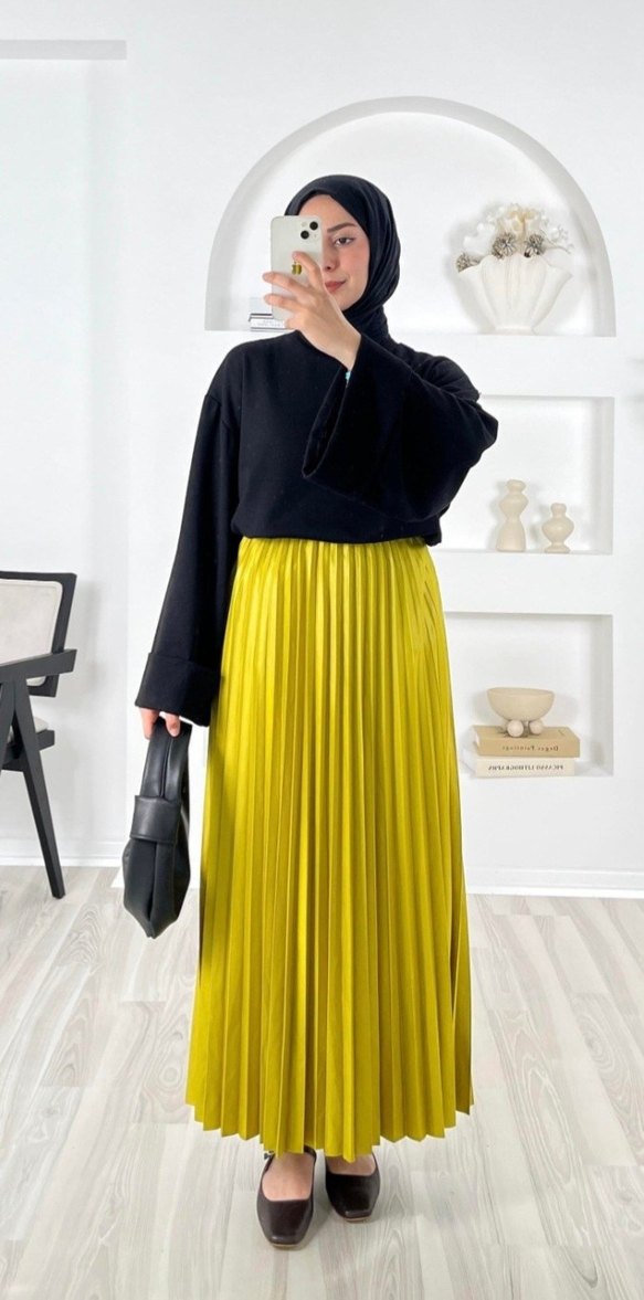 Yağ yeşili Pilili Uzun Kadın Etek - Görsel 3