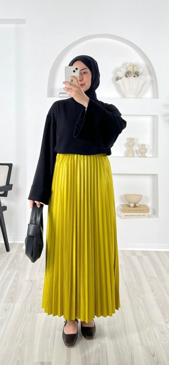 Yağ yeşili Pilili Uzun Kadın Etek - Görsel 2