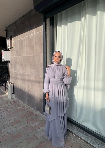 Şifon Uzun Gri Tesettür Abiye Elbise - Görsel 2