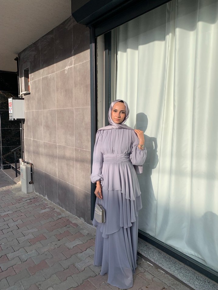 Şifon Uzun Gri Tesettür Abiye Elbise - Görsel 2