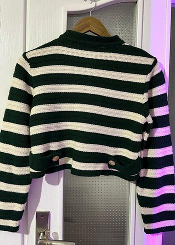 Yeşil-Beyaz Çizgili Örgü Kadın Hırka - Görsel 3