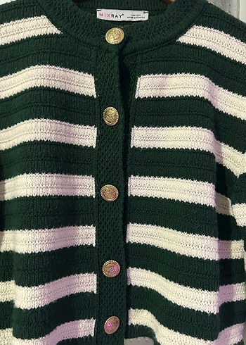 Yeşil-Beyaz Çizgili Örgü Kadın Hırka - Görsel 2