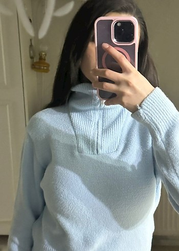 Mavi Yarım Fermuarlı Örgü Kadın Kazak - Görsel 2