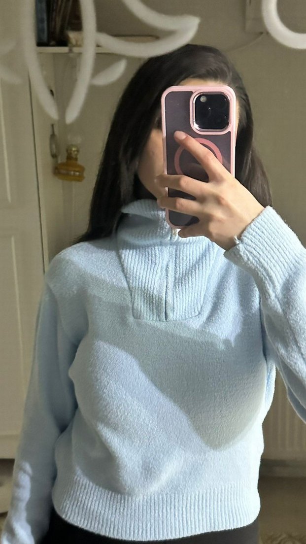 Mavi Yarım Fermuarlı Örgü Kadın Kazak - Görsel 2