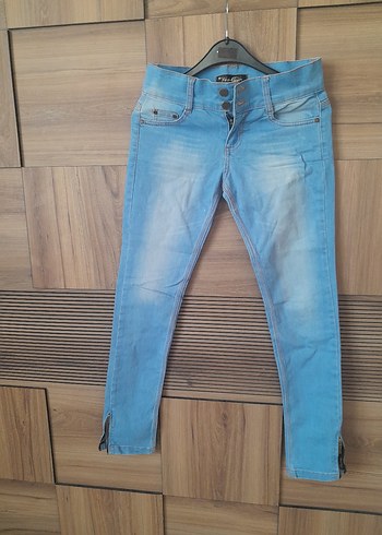 Düğmeli Mavi Kadın Denim Pantolon