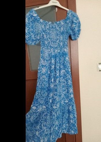 Diğer Mavi Bohem Uzun Elbise Kısa Kollu