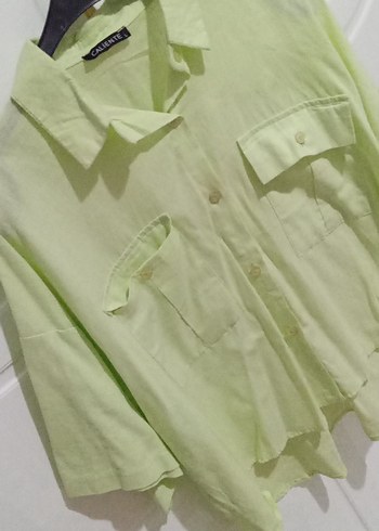 Yeşil Keten Düğmeli Kadın Gömlek - Görsel 2