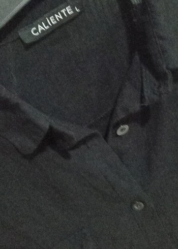 Düğmeli Siyah Keten Kadın Gömlek - Görsel 3