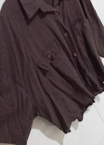 Düğmeli Keten Kadın Gömlek - Kahverengi - Görsel 3