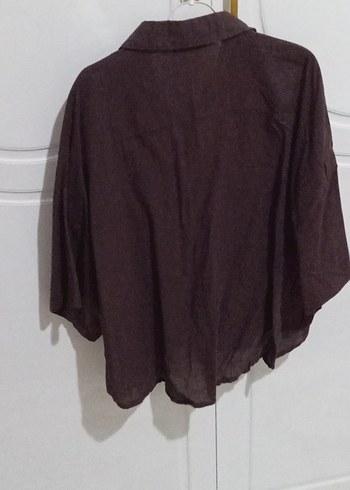 Düğmeli Keten Kadın Gömlek - Kahverengi - Görsel 4