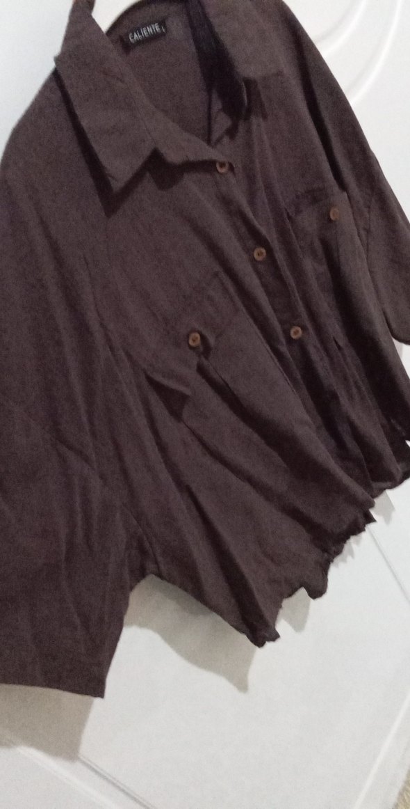 Düğmeli Keten Kadın Gömlek - Kahverengi - Görsel 3