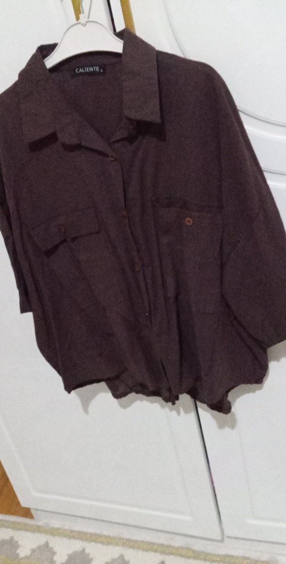 Düğmeli Keten Kadın Gömlek - Kahverengi - Görsel 2