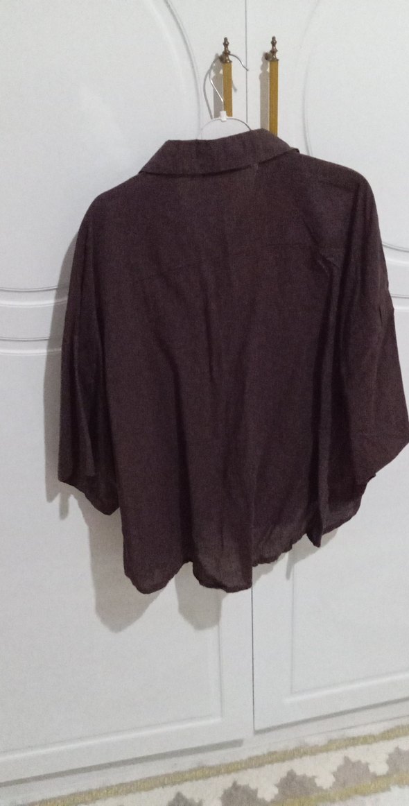 Düğmeli Keten Kadın Gömlek - Kahverengi - Görsel 4