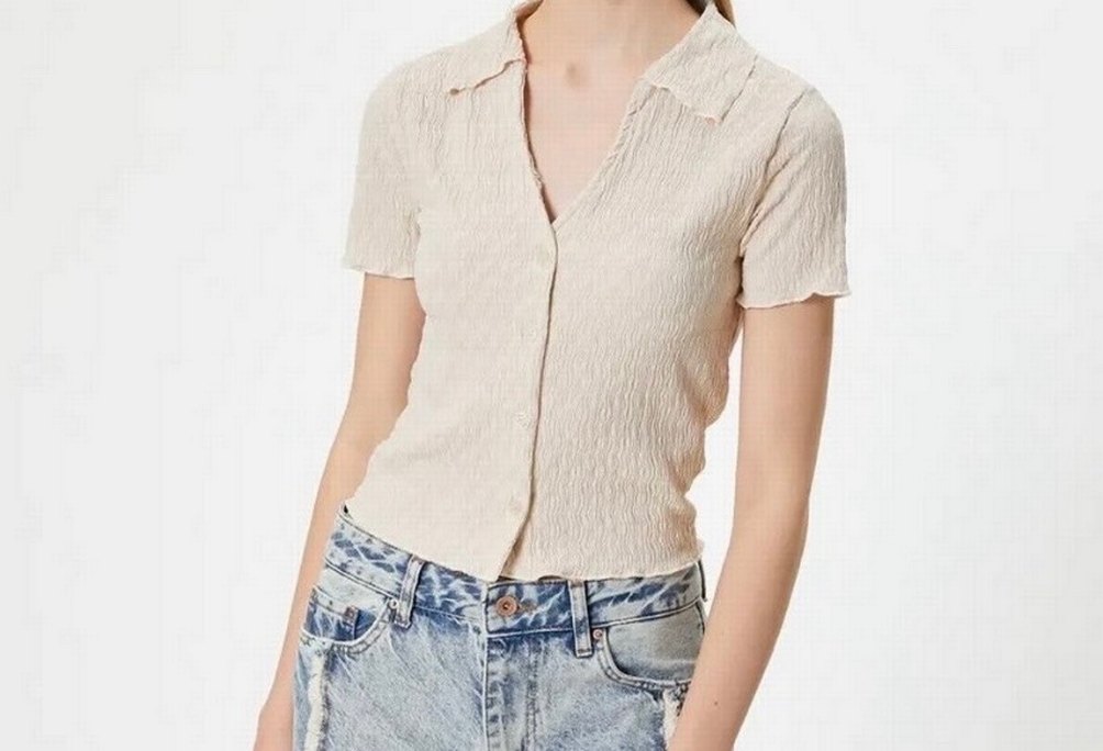 Bej V Yakalı Düğmeli Kısa Kollu Gömlek Yaka Bluz Bürümcük - Görsel 2