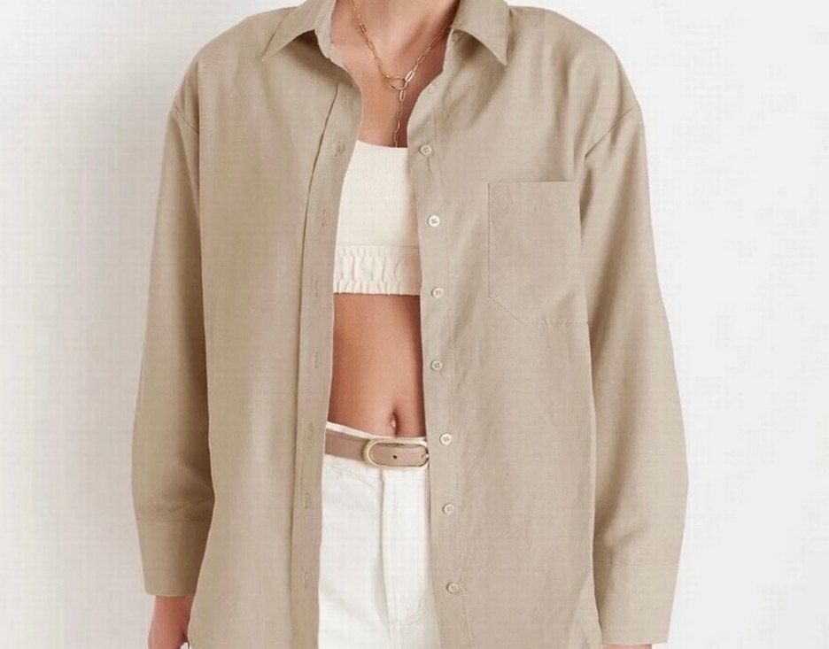 Tek Cepli Boyfriend Bej Gömlek - Görsel 2