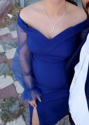 Saka mavisi kayık yaka midi boy abiye elbise