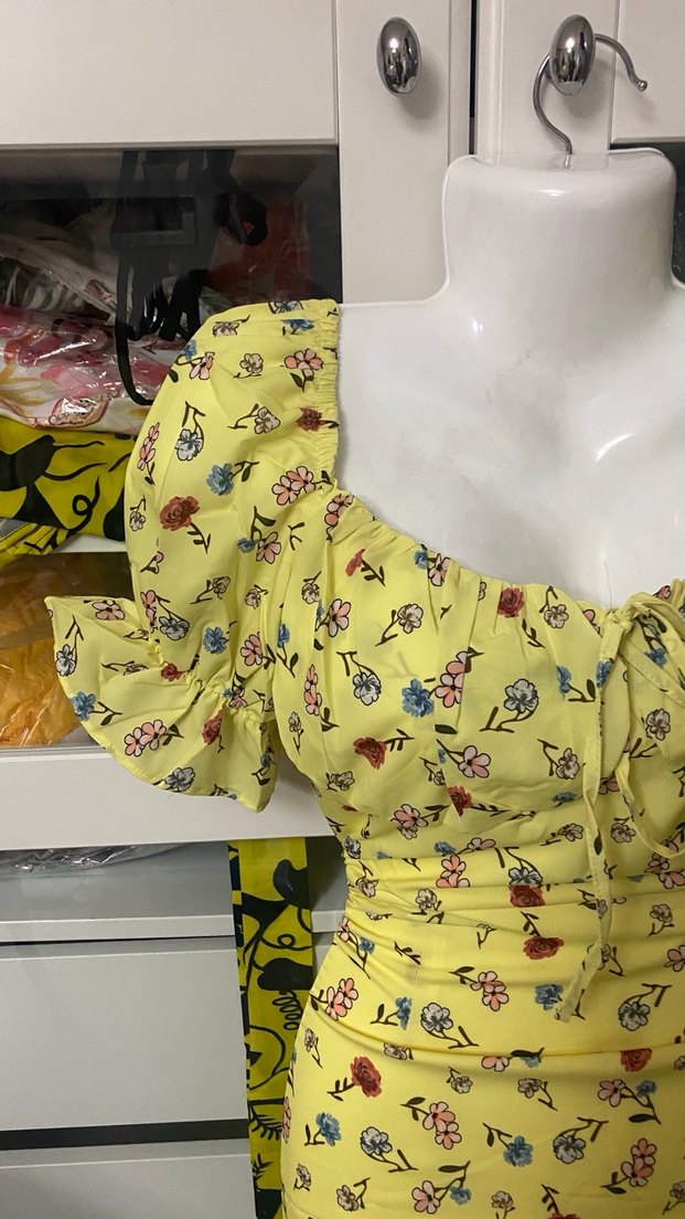 Sarı Çiçekli Bohem Mini Elbise - Görsel 4