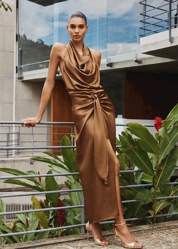 36 Beden Zara Camel Halter yakan saten Drapeli Uzun Abiye Elbise