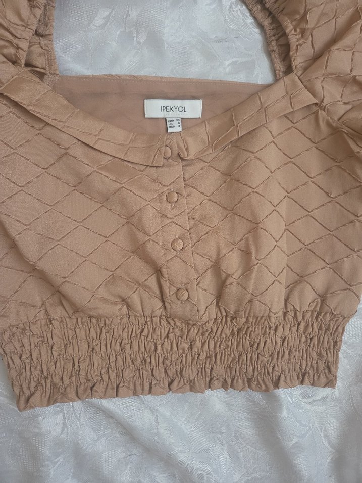 Bej Crop Bluz, Fırfırlı, Bohem Stil - Görsel 4