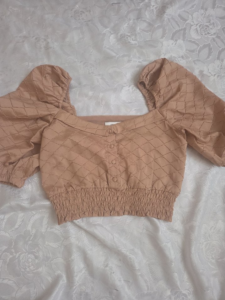 Bej Crop Bluz, Fırfırlı, Bohem Stil - Görsel 2